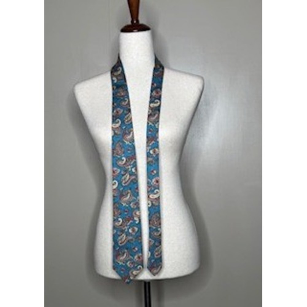 Rooster Vintage Silk Tie Turquoise Blue Red Paisley Hand Printed Italy USA Made